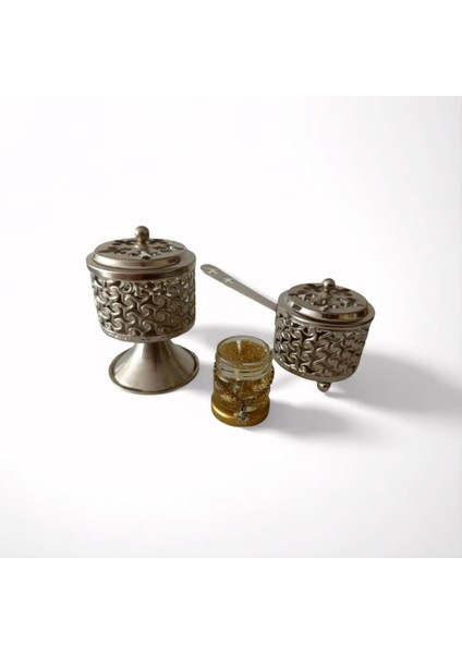 2 Adet Gümüş Renk Şık Tasarımlı Metal Tütsü & Buhurdanlık Seti (Simli Mum Hediyeli) Mod9 modelleri