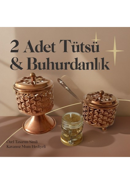 2 Adet Bronz Renk Şık Tasarımlı Metal Tütsü & Buhurdanlık Seti (Simli Mum Hediyeli) Mod8