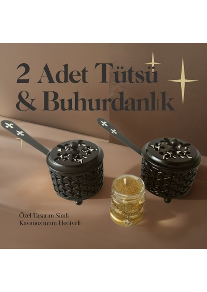2 Adet Siyah Renk Şık Tasarımlı Metal Tütsü & Buhurdanlık Seti (Simli Mum Hediyeli) Mod4