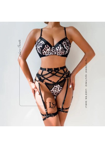 Siyah Leopar Desenli Deri Jartiyer Takım - Asi Lingerie Set