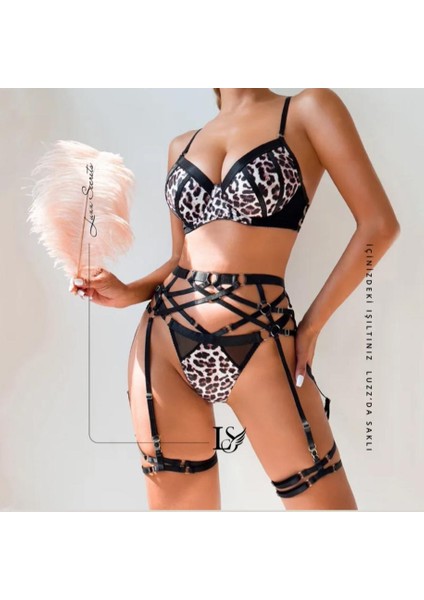 Siyah Leopar Desenli Deri Jartiyer Takım - Asi Lingerie Set fiyatları