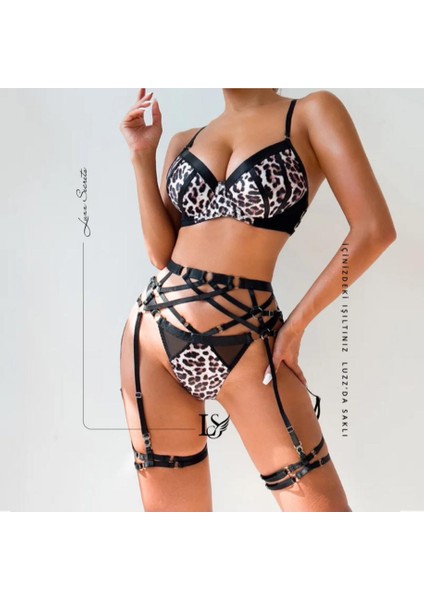 Siyah Leopar Desenli Deri Jartiyer Takım - Asi Lingerie Set modelleri