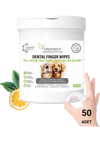 Vegan Bitkisel İçerikli Kedi Köpek Diş Temizleme Islak Hijyenik Parmak Mendil 50 Adet