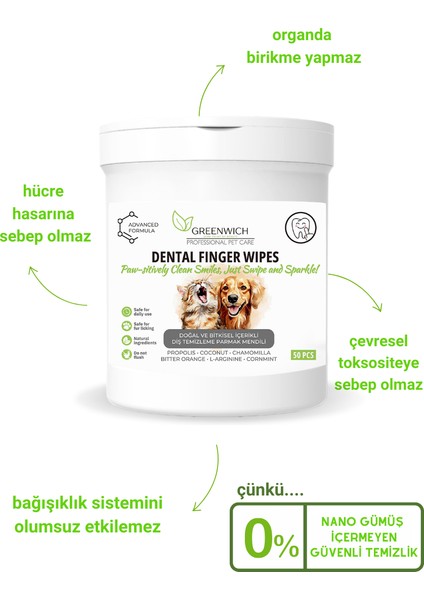 Vegan Bitkisel İçerikli Kedi Köpek Diş Temizleme Islak Hijyenik Parmak Mendil 50 Adet