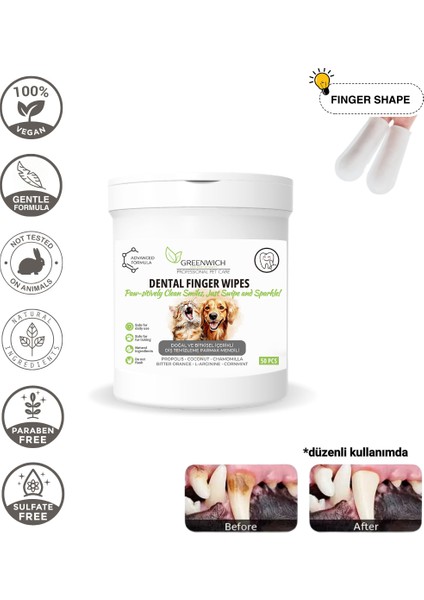 Vegan Bitkisel İçerikli Kedi Köpek Diş Temizleme Islak Hijyenik Parmak Mendil 50 Adet