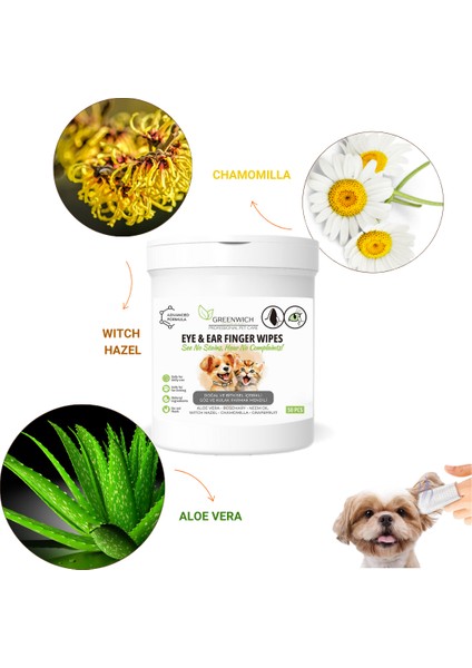 Göz Kulak Temizleme Parmak Mendil Tahriş Giderici Hijyenik Islak Mendil Kedi Köpek Vegan Bitkisel Içerikli 50 Adet