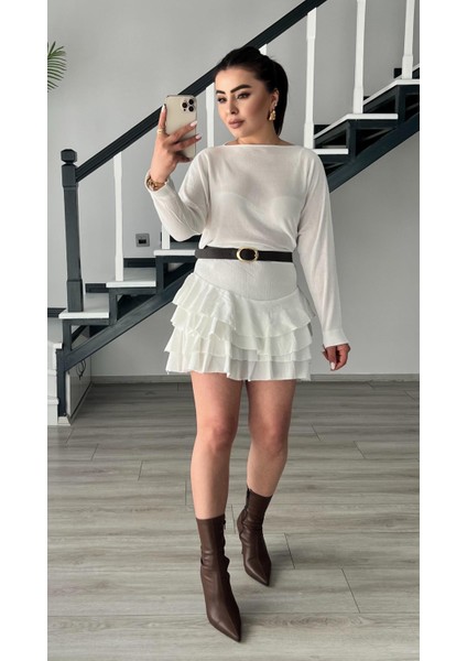 Ekru Fırfırlı Mini Etek