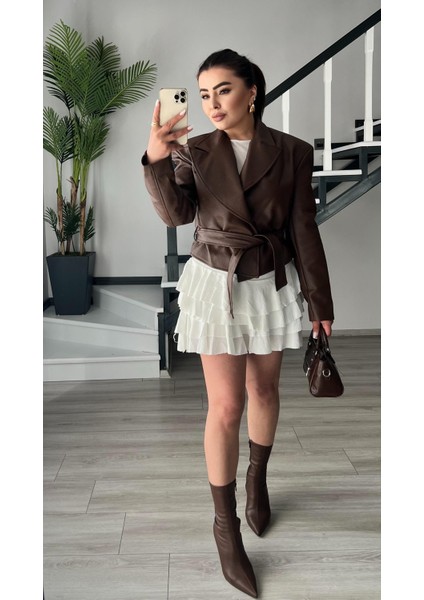 Ekru Fırfırlı Mini Etek