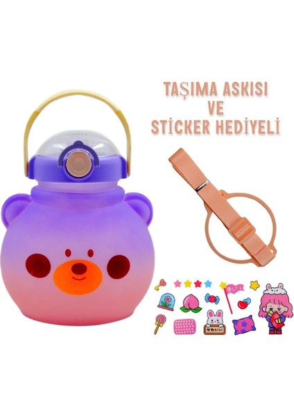 1,3 L Pipetli Taşıma Askılı Pipetli Sevimli Matara 1300 ml Sticker Hediyeli Mor Mor