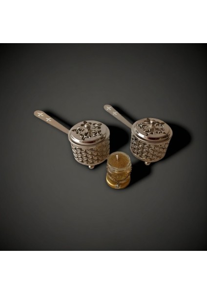 2 Adet Gümüş Renk Şık Tasarımlı Metal Tütsü & Buhurdanlık Seti (Simli Mum Hediyeli) Mod6 modelleri