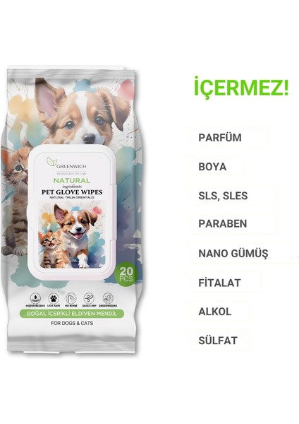 Eldiven Islak Mendil Yüz Göz Kulak Ağız Pati Arka Bölge Temizliği Kedi Köpek 20 Adet