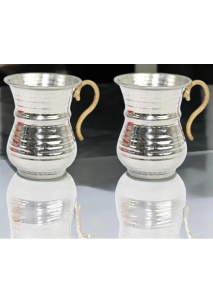 ( 2 Adet ) Bakır El Dövmesi Kulplu Ayran Su Meşrubat Bardağı 9.5 cm Gümüş Renk