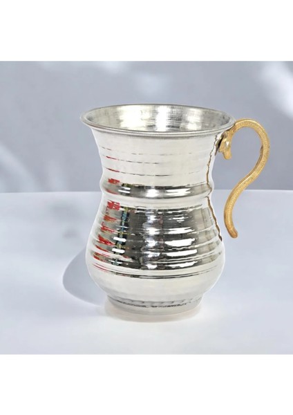 ( 2 Adet ) Bakır El Dövmesi Kulplu Ayran Su Meşrubat Bardağı 9.5 cm Gümüş Renk