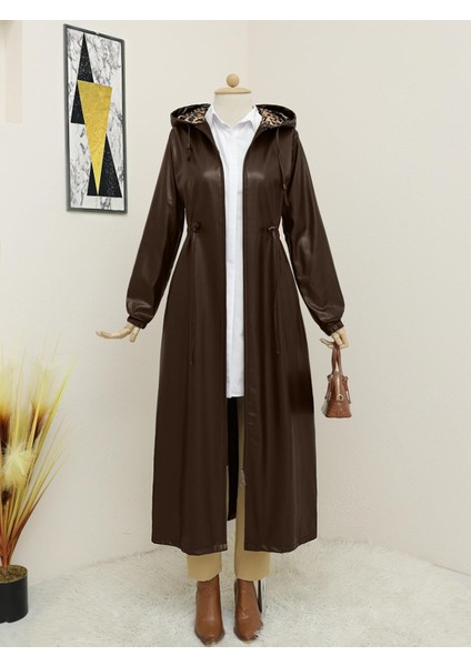 Tünel Bağcıklı Kapşonlu Uzun Deri Kap