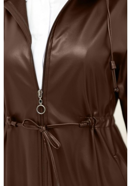 Tünel Bağcıklı Kapşonlu Uzun Deri Kap modelleri