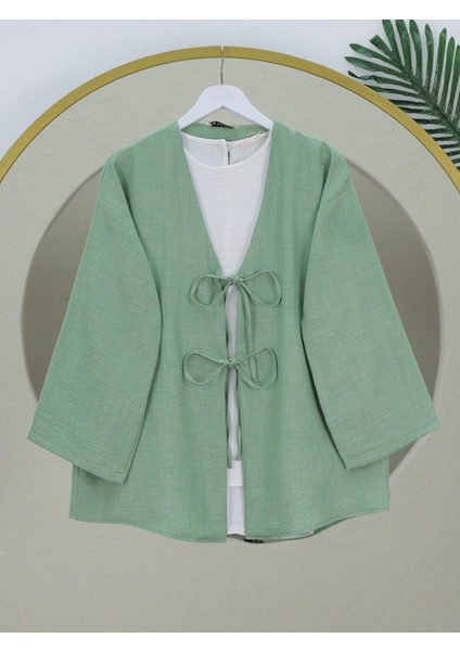 Önü Bağcıklı Keten Kimono
