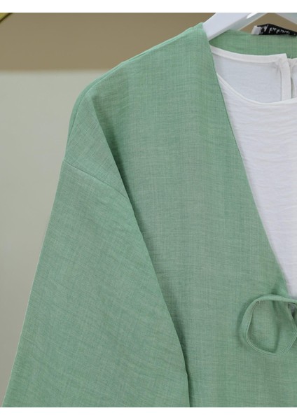Önü Bağcıklı Keten Kimono