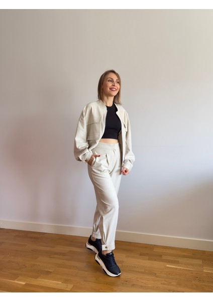 Casual Bomber Ceketli Premium Taş Rengi Takım