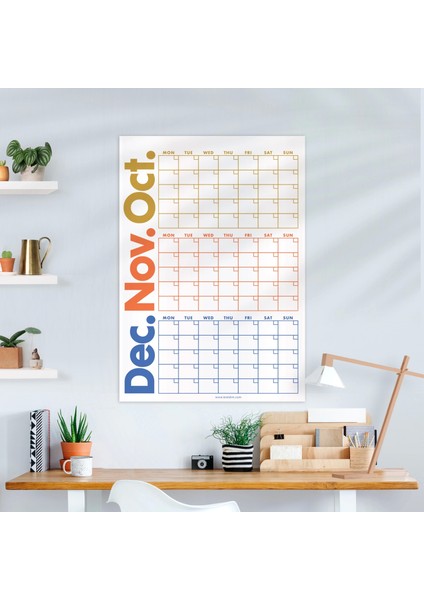Tarihsiz Üç Aylık Duvar Takvimi, Zamansız Takvim, Dördüncü Çeyrek 90 Günlük Takvim, 90 Günlük Plan - 33X48CM