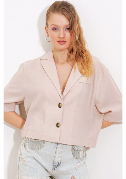 Krem Çift Düğmeli Oversize Crop Keten Ceket 0706