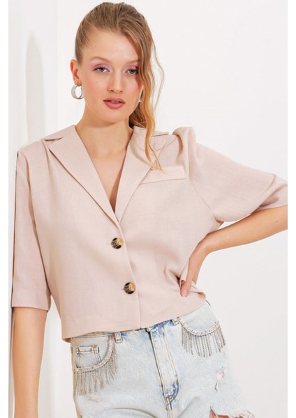 Krem Çift Düğmeli Oversize Crop Keten Ceket 0706