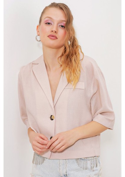 Krem Çift Düğmeli Oversize Crop Keten Ceket 0706