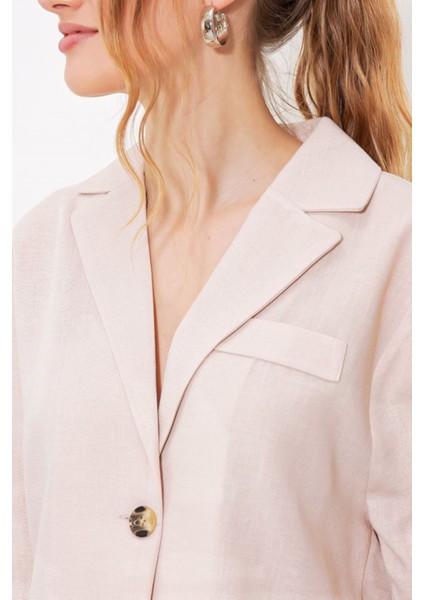 Krem Çift Düğmeli Oversize Crop Keten Ceket 0706