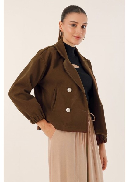 9117 Kruvaze Yaka Crop Ceket - Kahverengi
