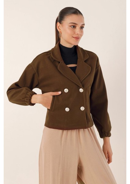 9117 Kruvaze Yaka Crop Ceket - Kahverengi
