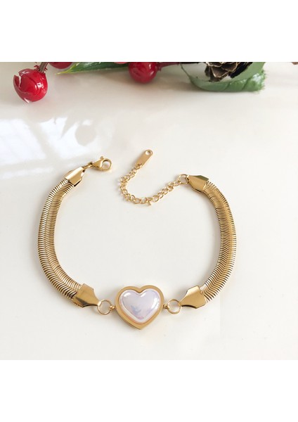 Paslanmaz Çelik Kararmaz Taş Kalpli Gold Çelik Zincir Bileklik