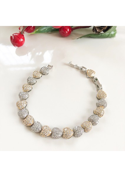 Zirkon Taşlı Gold-Gümüş Renkli Kalp Zincir Bileklik