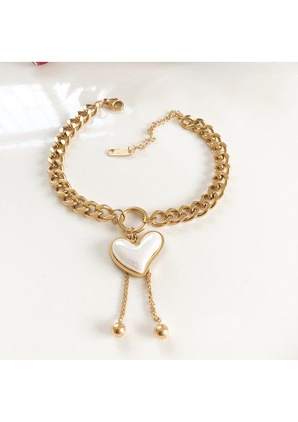 Paslanmaz Çelik Gold Top Detaylı Taş Kalpli Gold Zincir Çelik Bileklik