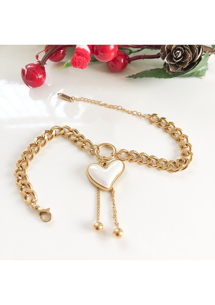 Paslanmaz Çelik Gold Top Detaylı Taş Kalpli Gold Zincir Çelik Bileklik fiyatları