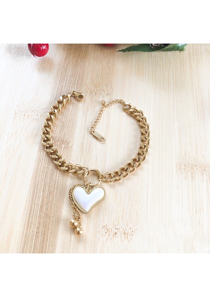 Paslanmaz Çelik Gold Top Detaylı Taş Kalpli Gold Zincir Çelik Bileklik modelleri