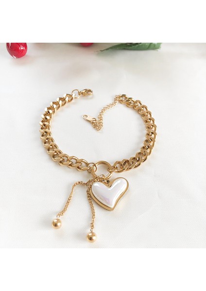 Paslanmaz Çelik Gold Top Detaylı Taş Kalpli Gold Zincir Çelik Bileklik fırsatları