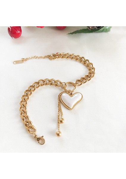 Paslanmaz Çelik Gold Top Detaylı Taş Kalpli Gold Zincir Çelik Bileklik indirimleri