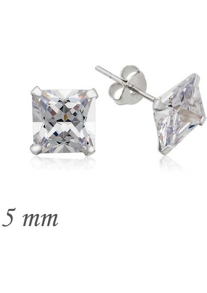 925 Ayar Gümüş Kare Tek Taş Zirkon Küpe - 5 mm
