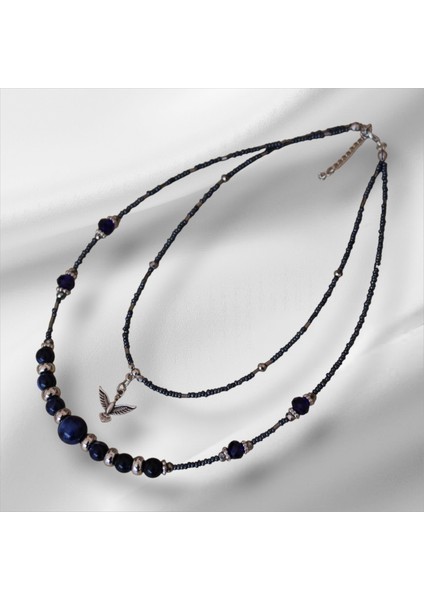 Anka Kuşu Figürlü Kadın Kolye – İki Parçalı, Mavi Boncuklu, Klips Kapamalı Şık Tasarım fiyatları