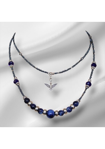 Anka Kuşu Figürlü Kadın Kolye – İki Parçalı, Mavi Boncuklu, Klips Kapamalı Şık Tasarım modelleri