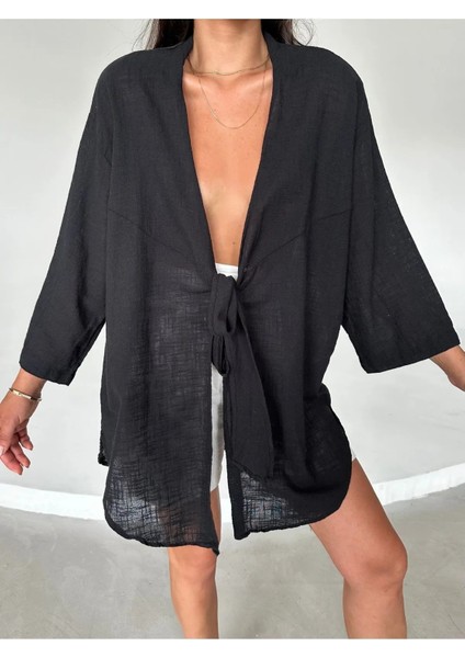 Kadın Pamuklu Siyah Flam Keten Kimono