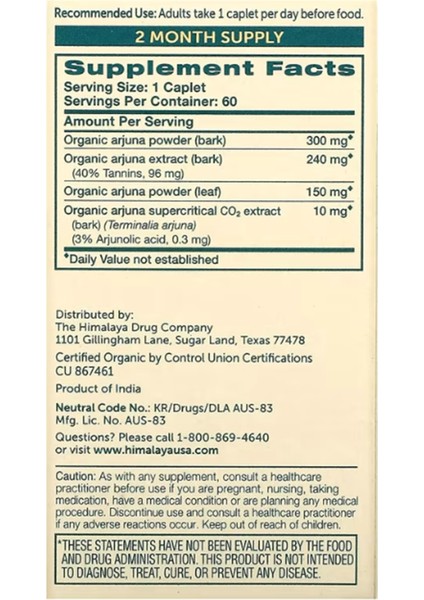 Himalaya, Organic Arjuna 60 Caplets fiyatları