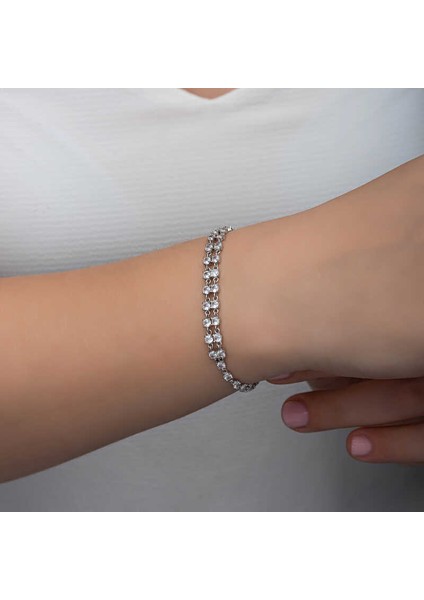 925 Ayar Gümüş Zirkon Taşlı Çift Sıra Kadın Bileklik modelleri