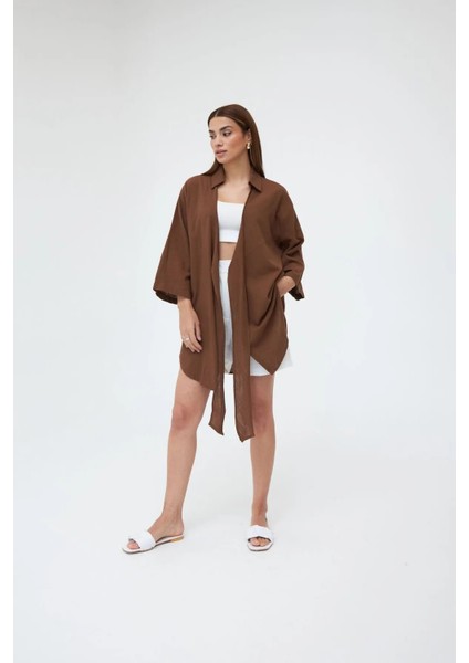 Kadın Pamuklu Kahverengi Flam Keten Kimono