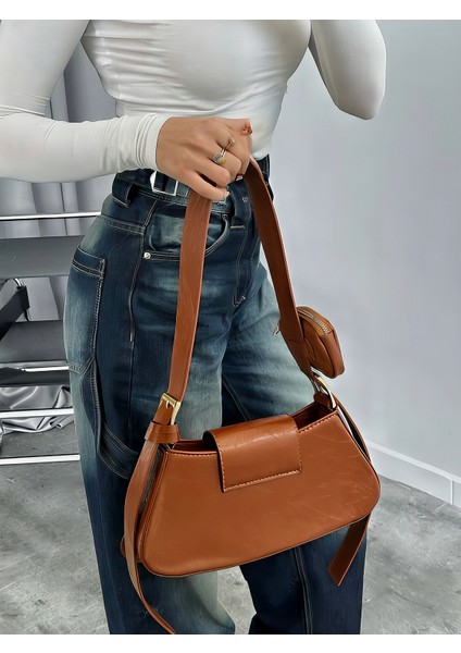 Çanta Kol Çantası Aksesuarlı Cüzdanlı Astarlı Taba Rengi