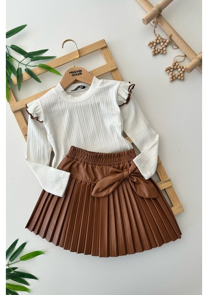 Suni Deri Piliseli Etekli Kız Çocuk 2 li takım - Kahverengi