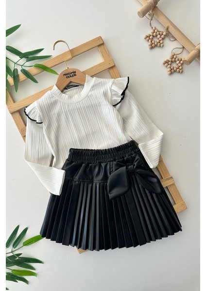 Suni Deri Piliseli Etekli Kız Çocuk 2 li takım - Siyah