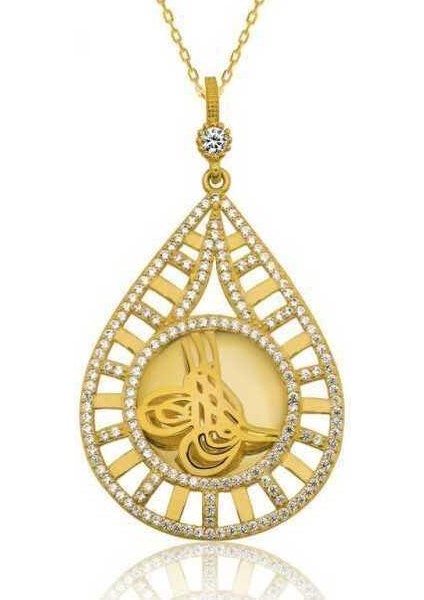 925 Ayar Gümüş Damla Tuğralı Altın Kaplama Kadın Gümüş Kolye