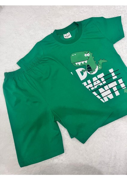 Erkek Çocuk Yeşil Dinazor Baskılı Şortlu 2'li Takım
