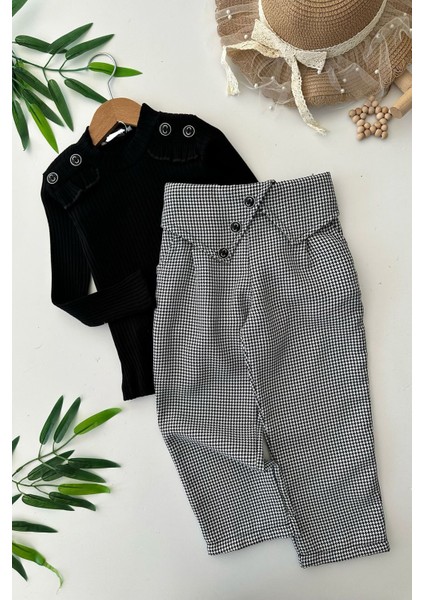 Kazayağı Pantolonlu Düğme Detaylı 2 li takım - Siyah