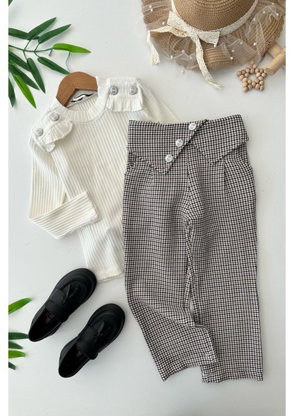 Kazayağı Pantolonlu Düğme Detaylı 2 li takım - Beyaz